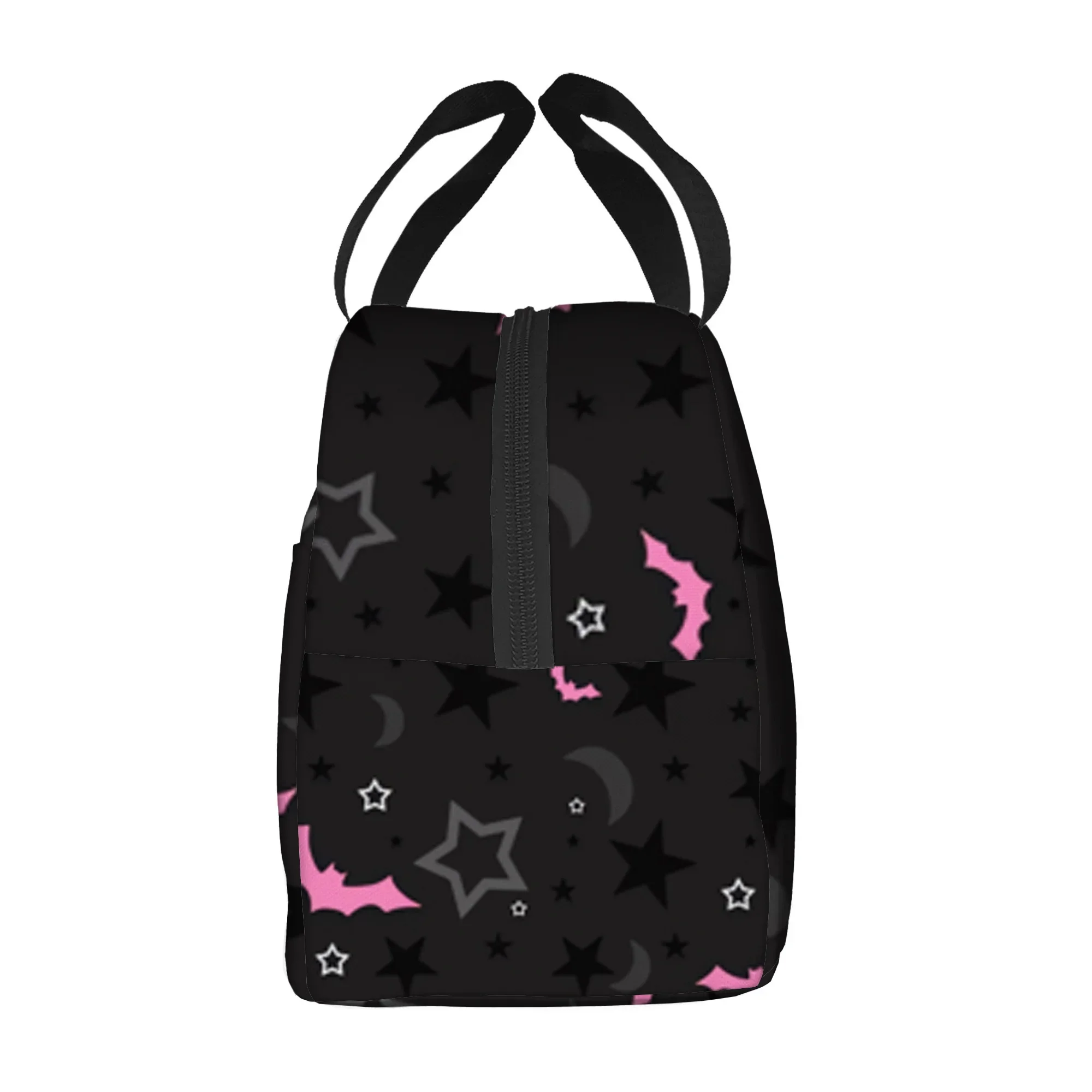 Gothic Pink Bat Star Print Insulated Lunch Bag Durable Polyester Oxford Thermal Cooler Tote
