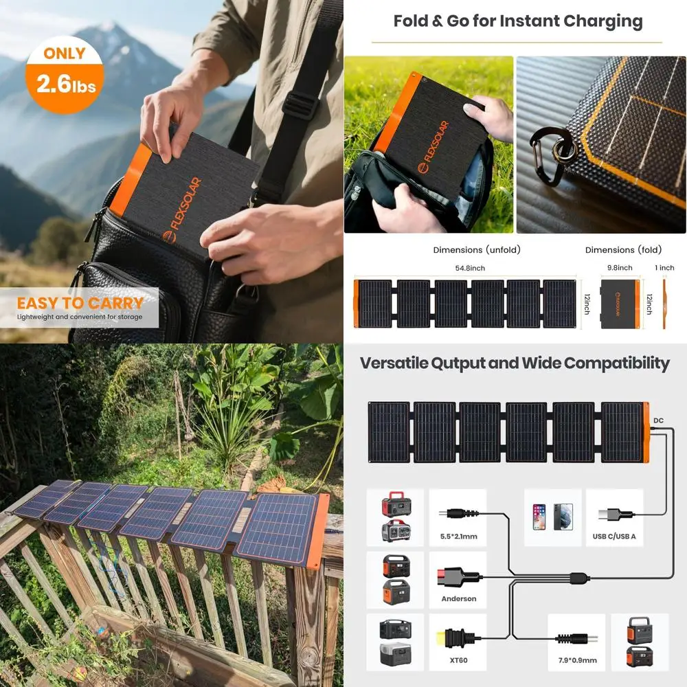 60W Portable Solar Panel with USB-C/A & QC3.0 Charging, 20-28V DC Port, IP67 Waterproof, Ideal for Camping and Backpacking