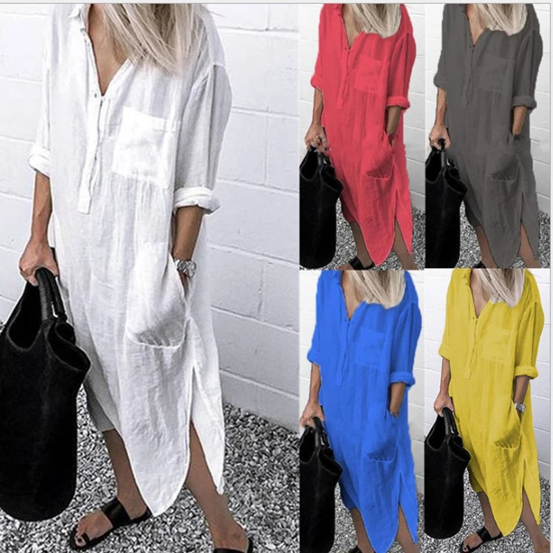 Sommer baumwolle leinen frauen kleid elegantes langes hemd kleid weiß übergroße lässige weibliche einfache reine farbe spalt strand kleid S-4X