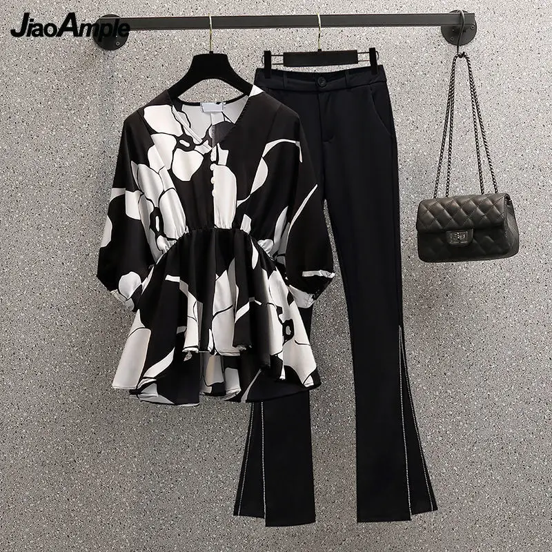 2022 Summer New Short Sleeve Top Pants Suit Women Print Waist Chiffon Shirts Trousers Two Piece Korean Elegant V-Neck Blouse Set