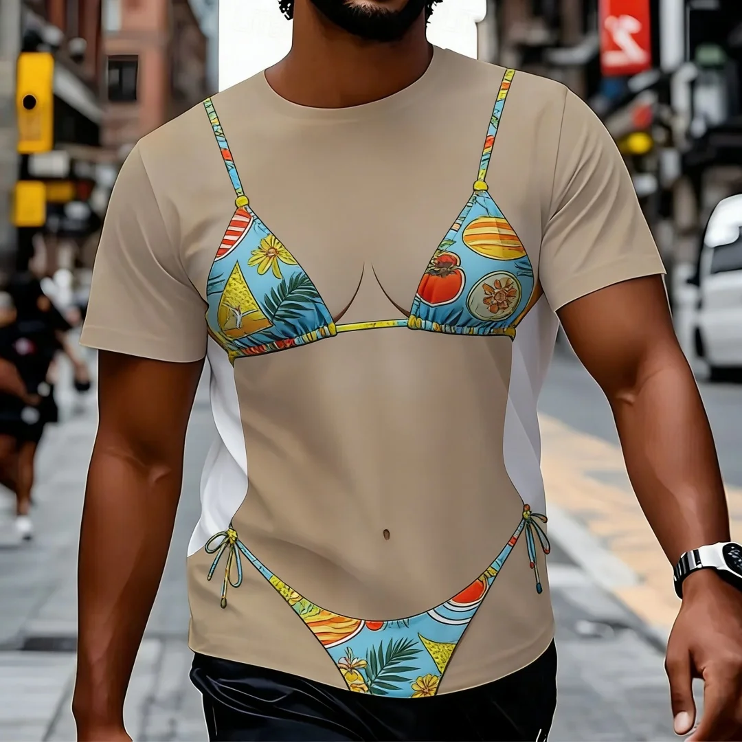 Tropical Coconut Tree Sunset Bikini Pattern 3D Print Sheer Mesh T-Shirt Women Sexy Vacation Style Casual Streetwear Tops