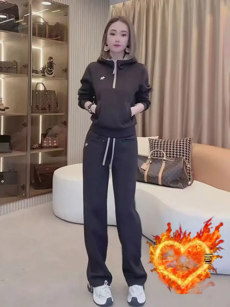 

Thiened Fce Hooded Sports Set for Women Long Sve Wide Leg Pants Two Piece Suite Anti-Aging Sli Autumn Winter Outfit