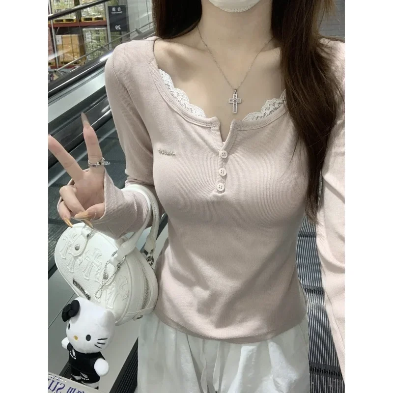 Illusion Two-Piece Women's T-Shirt Top Slimming Design Long Sleeve Inner Base Layer Top Pure Desire Half-Open Necklace