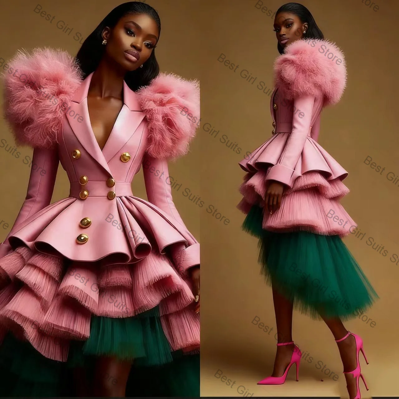 

Pink Green Women Suit Set 2 Piece Blazer+Hi-Lo Prom Dress Tiered Skirt Formal Office Lady Jacket Customized Wedding Coat