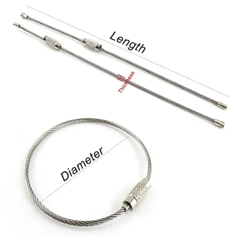 1.5x110/150mm 2.0x200/250mm Keychain Tag Rope Stainless Steel Wire Cable Bags Loop Screw Lock Gadget Key Chains Hanging Rings
