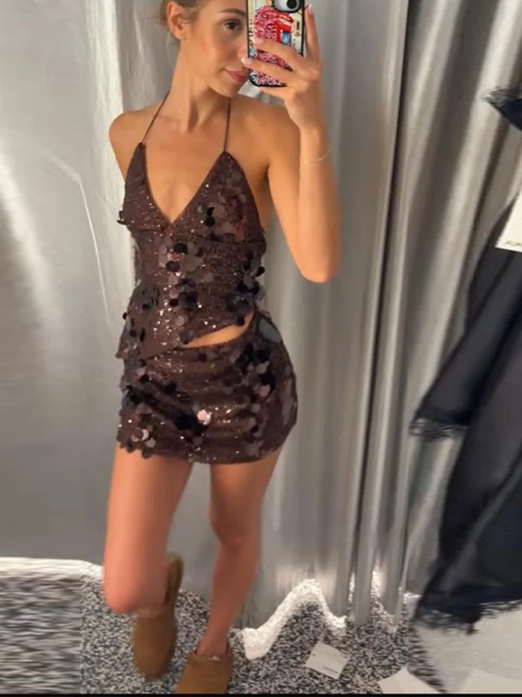 Sexy Sequins Skirt Sets Women Halter V-neck Crop Tops Hip Package Short Skirts 2026 Summer Chic Beach Party Lady Outfits New