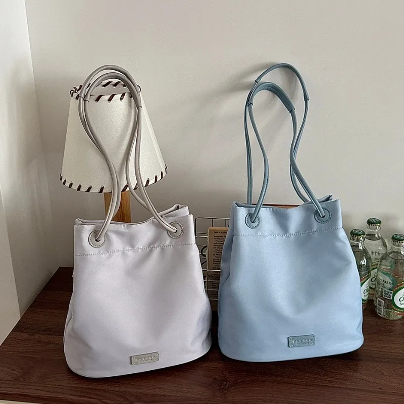 Korean Style Shoulder Bag Minimalist Nylon Bucket Bag for Women Lightweight Versatile Crossbody Underarm Casual Handbag