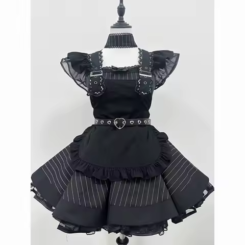Retro Black White Stripes Lolita Maid Dress Cosplay Costume Girl Woman Anime Maid Waiter Party Stage Costumes