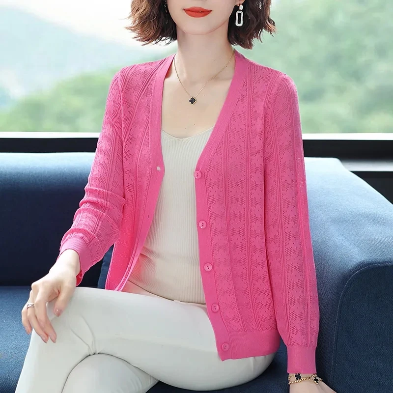 

Women's Ice Silk Sweater Cardigan Jacket 2024 Summer Female Long-sleeved Loose Comfortable Hin Short Fashion Overcoat Hollowed