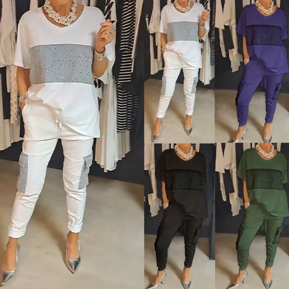 

2 Piece Sets Women Pants Top Suit Ankle Length Trousers Sequins Patchwork Short Sleeve Summer Ensemble Office Lady Outfits