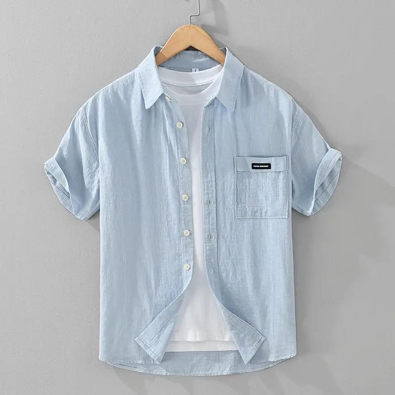 Lightweight Linen Short Sleeve Shirt Men's Loose Breathable Retro Artistic Chinese Style Pure Color Casual Fashion Summer Shirt