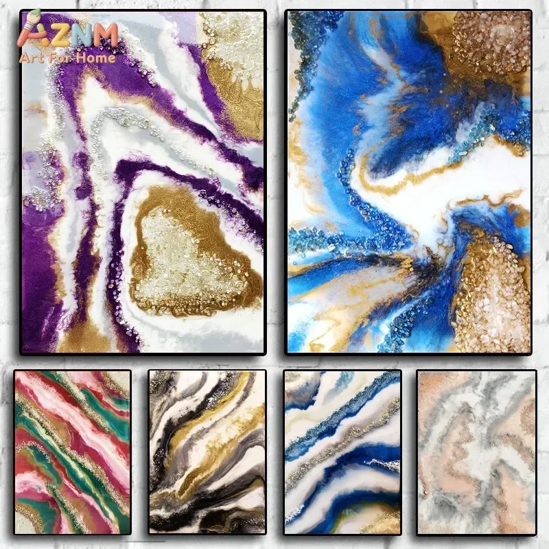 AZNM Impresión en Lienzo de Resina con Geoda y Ágata, con Lámina Dorada y Remolino de Mármol, Arte Fluido Abstracto de Piedra de Cristal, Póster de Pared Sin Marco, Lujo para el Hogar R