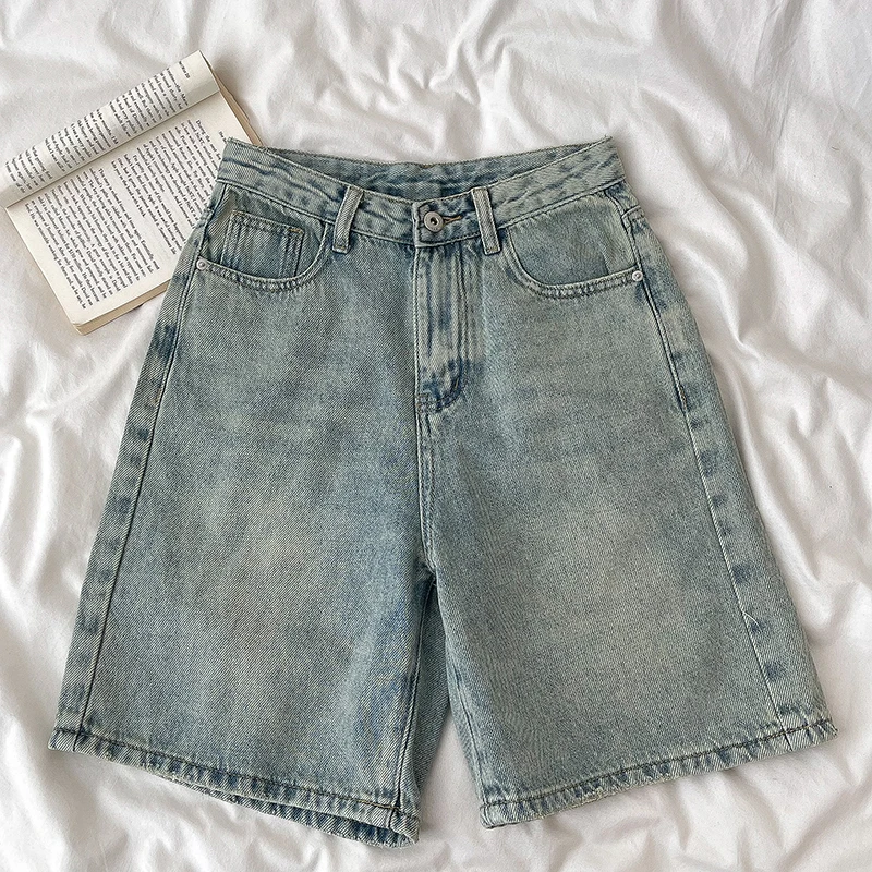 Retro Denim Shorts Frauen Sommer hohe Taille lose weites Bein gerade kurze Hosen vielseitige lässige halbe Hosen weibliche Streetwear