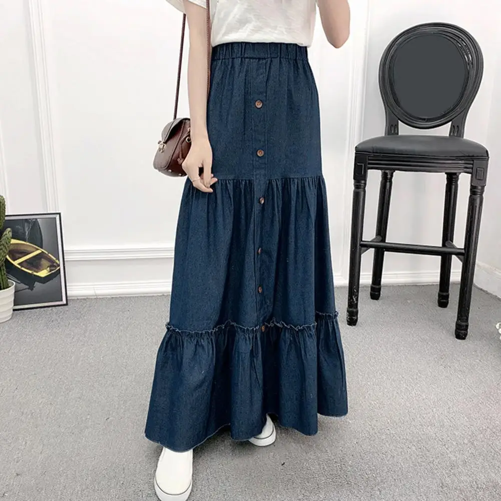 

Denim Skirts Women's Elastic High Waist A-line High Waist Shirring Button Decor Ruffle Lady Skirt Blue Skirt faldas