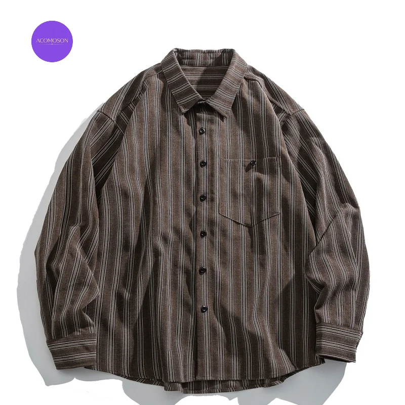 ACOMOSON EU US Size Luxury Quality Retro Striped Long-Sleeve Shirt Unisex Loose-Fitting Travel Holiday Street Casual Work Shirt
