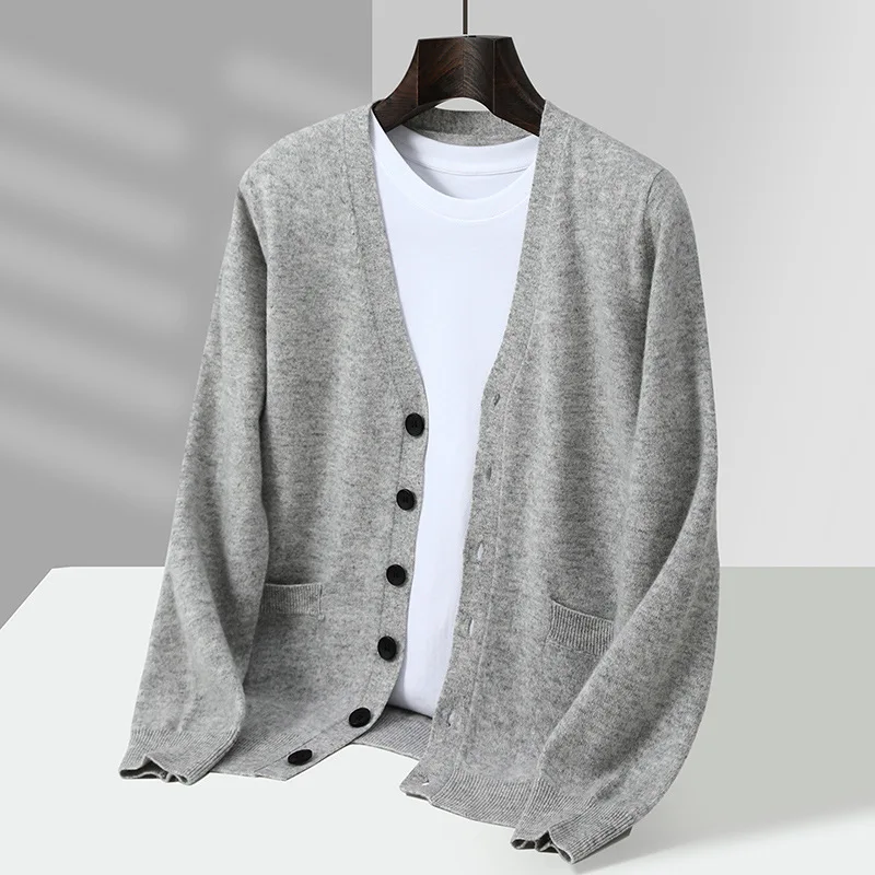 % Wool Cardigan Men'S Solid Color Button Sweater Business Casual Solid Color Long Sleeve Knitwear