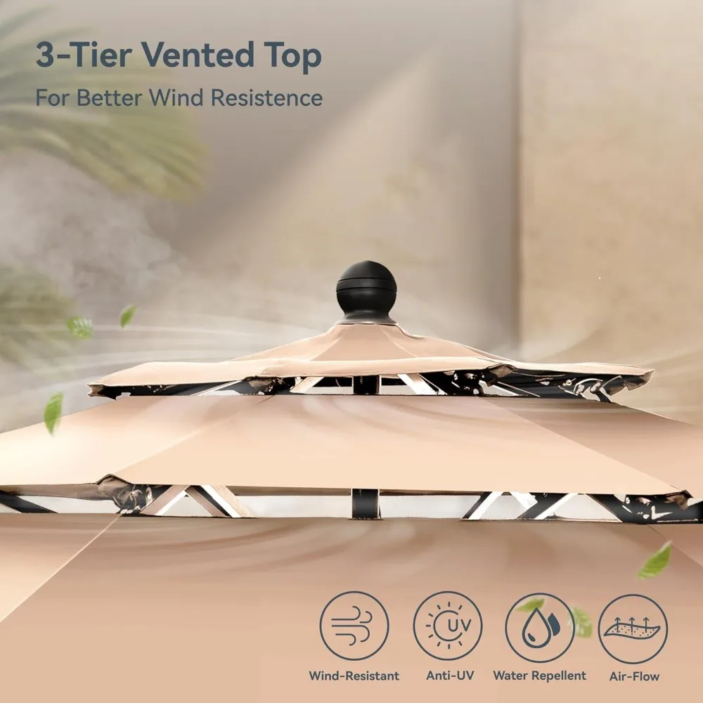 10ft Patio Umbrellas, Outdoor 3 Tier Vented Large Market Table Umbrella with 8 Sturdy Ribs and 1.5"(No Base)