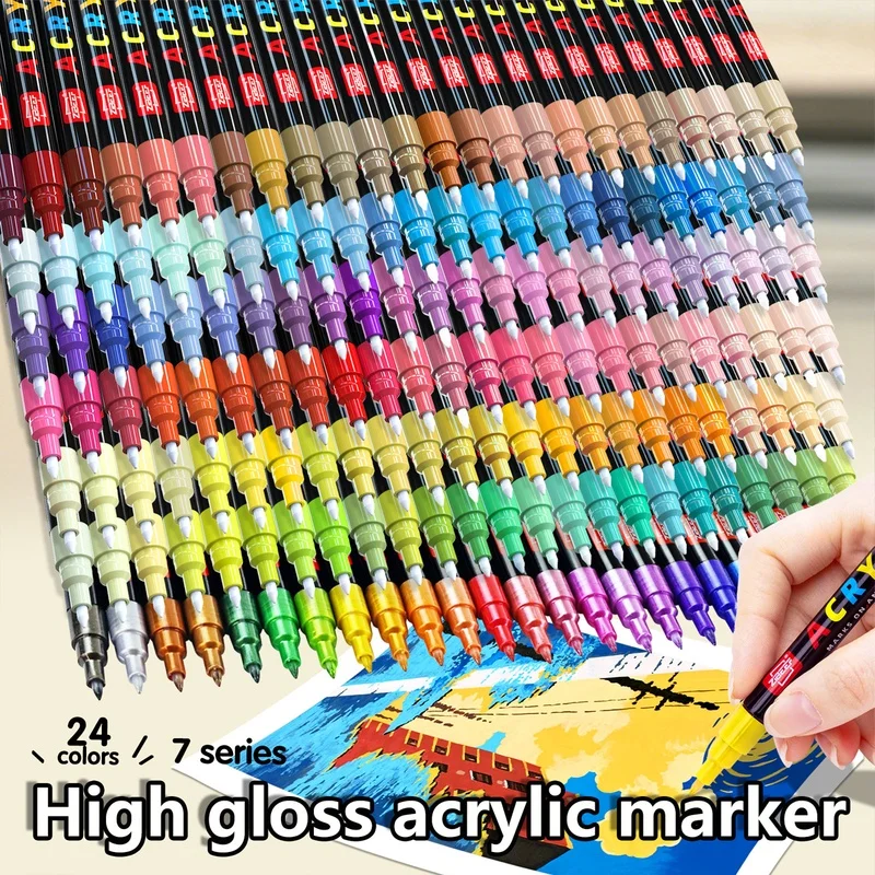 24-color acrylic markers,7 color themes,0.7mm fine tips.Water-based quick-dry pens for rock,wood,glass,canvas,ceramic and fabric
