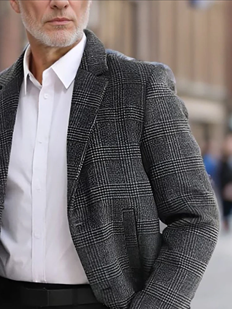 

Men's Thickened Plaid Stripes Winter Midi Outerwear Single-breasted Keep Warm Casual Long Jacket Collared Long Sleeve OverCoat