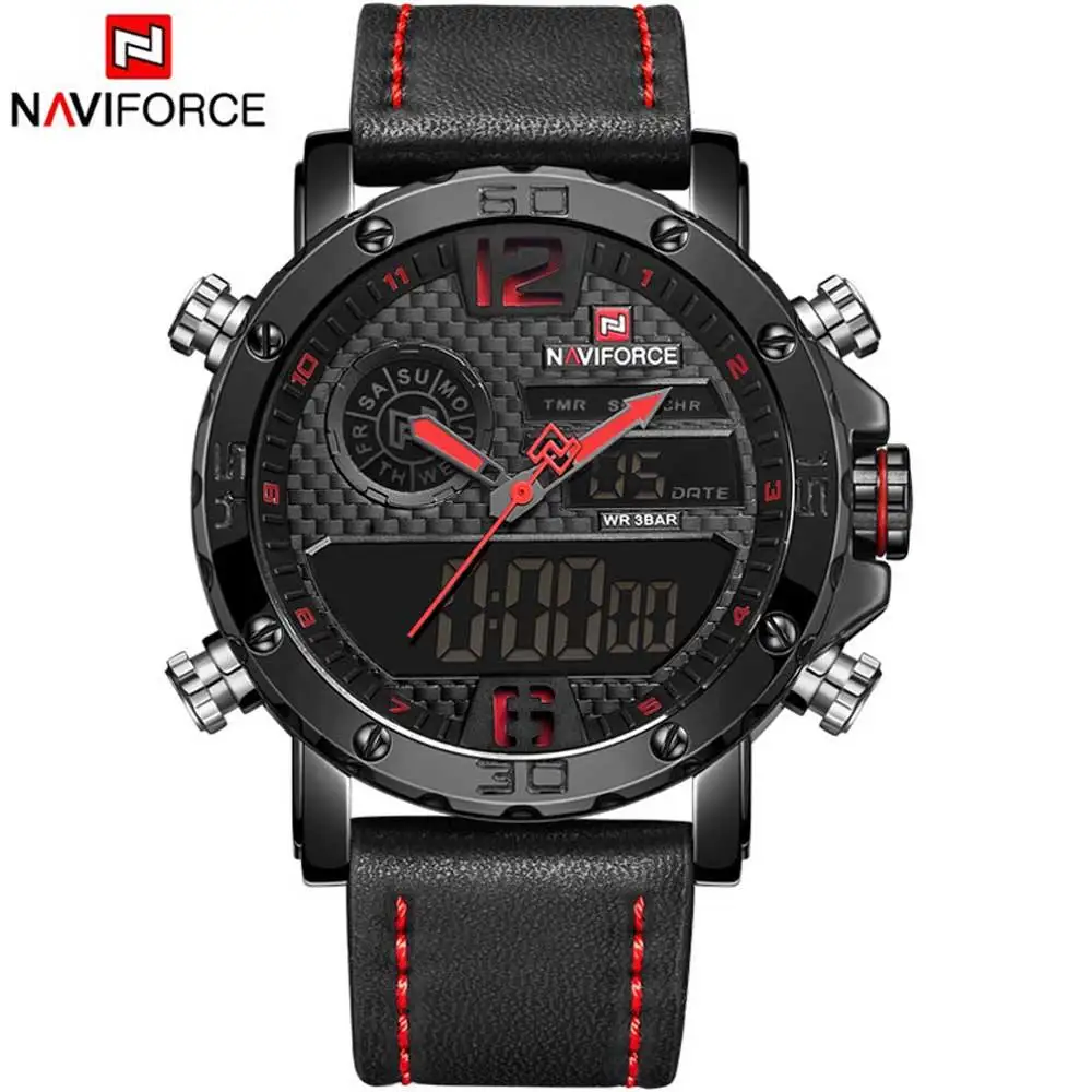 NAVIFORCE NF9134 western dongguan man watch original Leather Strap 2 time zone chronometer water resist Calendar wristwatch set