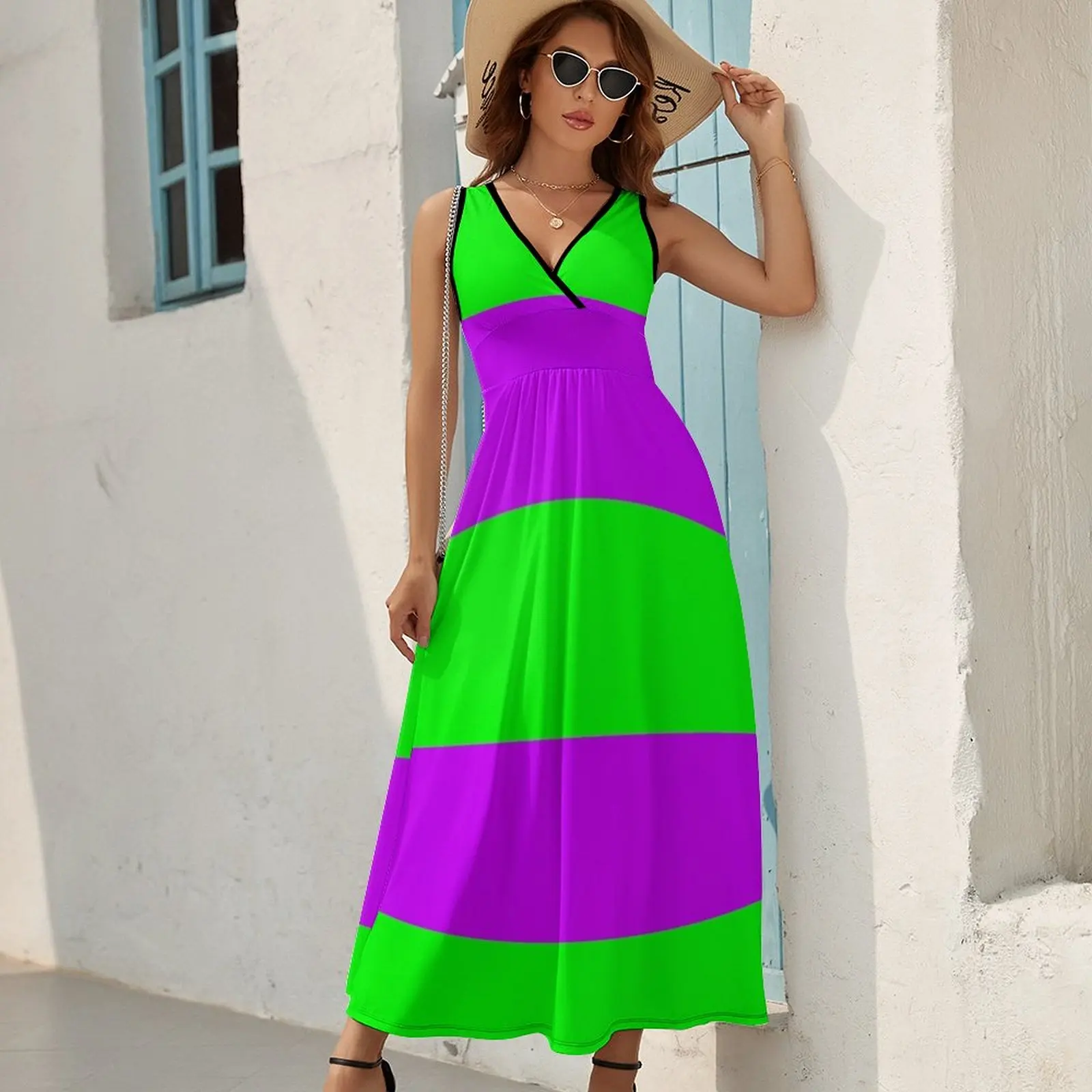 Vestido longo feminino roxo e verde neon, listras horizontais largas, sem mangas, verão, #1