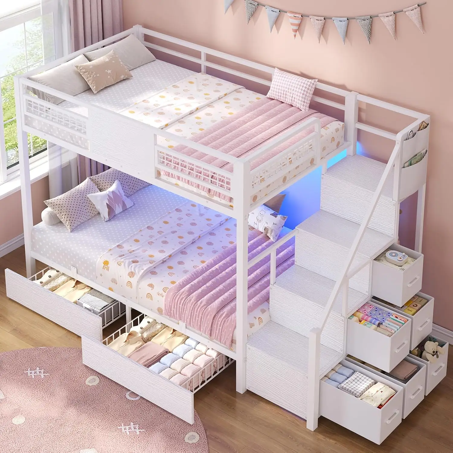 Twin Over Twin Bunk Bed with Stairs, LED Lights, 8 Drawers, Metal Frame, Guardrail, Space Saving for Teens, Custom