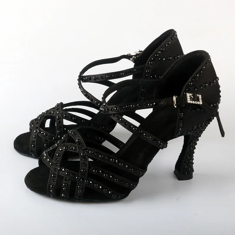 

Черные танцевальные туфли Venus lure на замшевой домашней подошве со стразами, летние женские туфли для сальсы и латинских танцев на каблуке 9 см