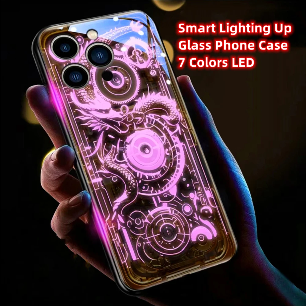 Holzmaserung Drachen-Emblem Smart LED Leuchtende Hartglas Handyhülle für Samsung S26 S25 S24 S23 S22 S21 S20 FE Plus Ultra – Detail 11