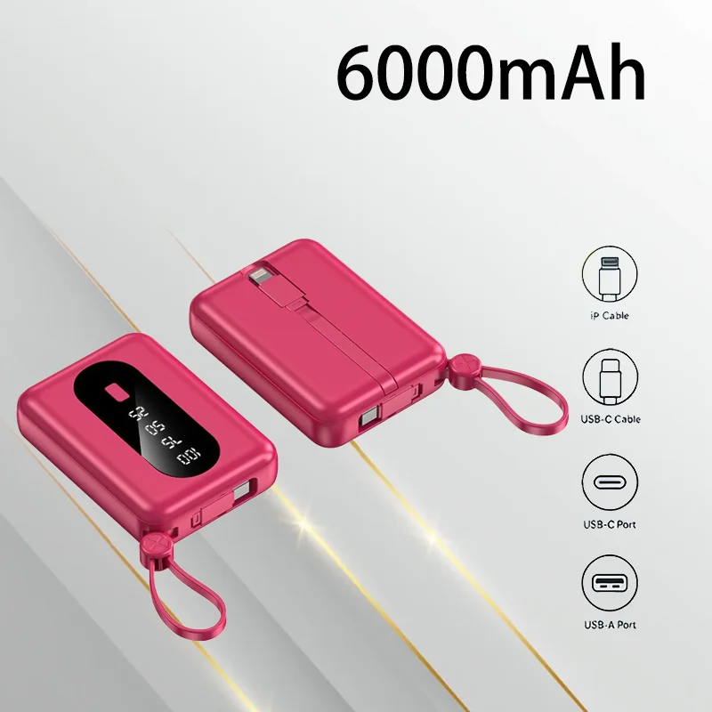 

Portable Cute Mini Power Bank 6000mAh Built in Cable External Battery Charger For Emergency Travel Daily Use Mobile Phone