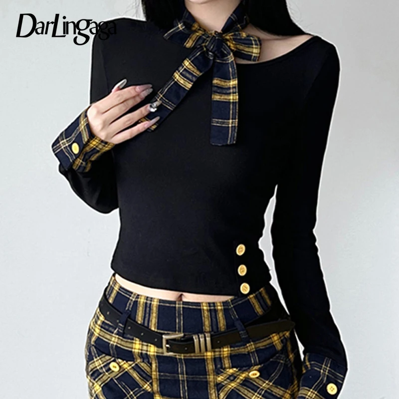 

Darlingaga Korean Fashion Plaid Patchwork Flared Sleeve T-shirts Women Skinny With Scarf Decorated Tops Tees Y2K Aesthetics Chic
