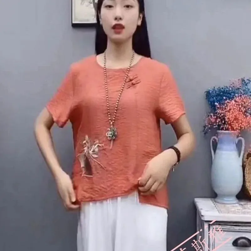 Vintage O-Neck Button Irregular Embroidery Blouse Women's Clothing 2023 Summer New Oversized Casual Pullovers Asymmetrical Shirt