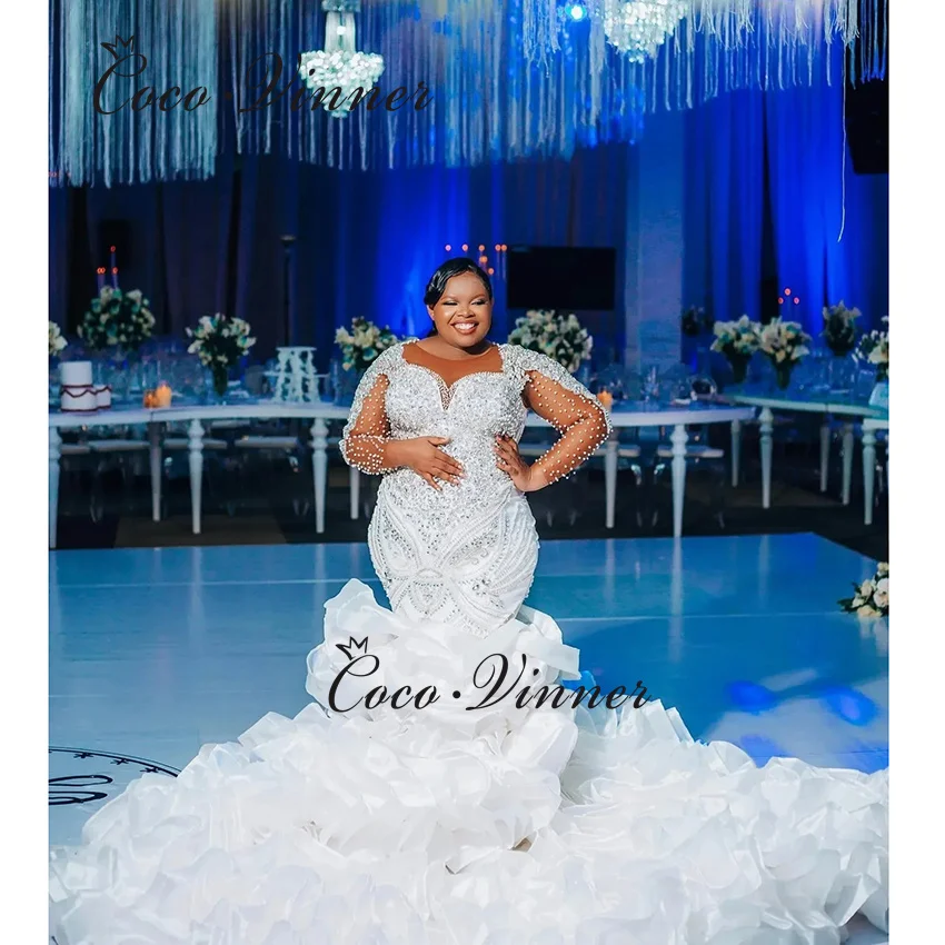 

Customized Organza Ruffles Mermaid Wedding Dress Africa Style Long Sleeves Heavy Beading Luxury Wedding Dresses Mermaid W1441