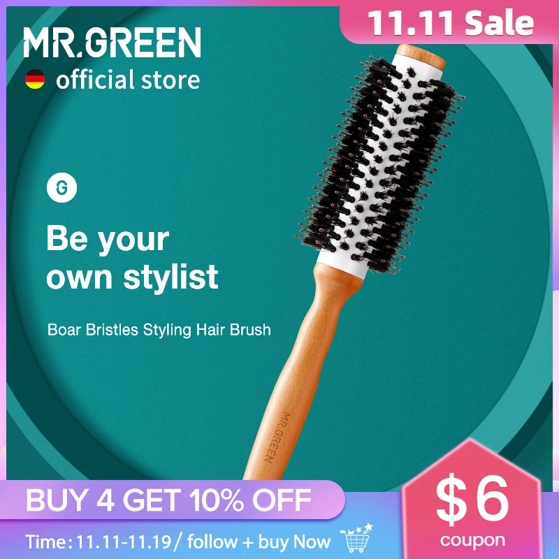 

MR.GREEN Щетка для волос из щетины кабана Круглая расческа для завивки волос в рулоне Натуральная деревянная расческа для распутывания волос для длительных вьющихся или любого типа