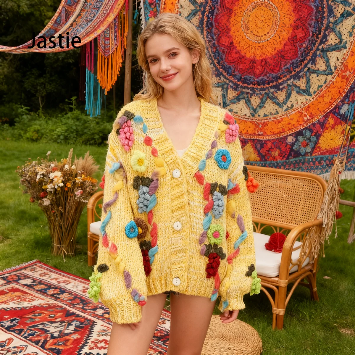 

2025 Holiday Bohemian Handmade Thick Needle Three-Dimensional Crochet Grape V-Neck Knitted Cardigan Sweater Thick Warm Coat