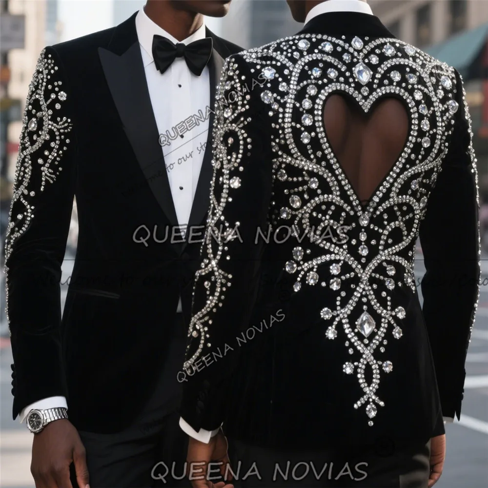 Exclusive Jewelry Stones Suits Men Slim Fit Cut-Out Jacket Pants 2 Piece Set Groom Wedding Tuxedos Customized trajes para hombre