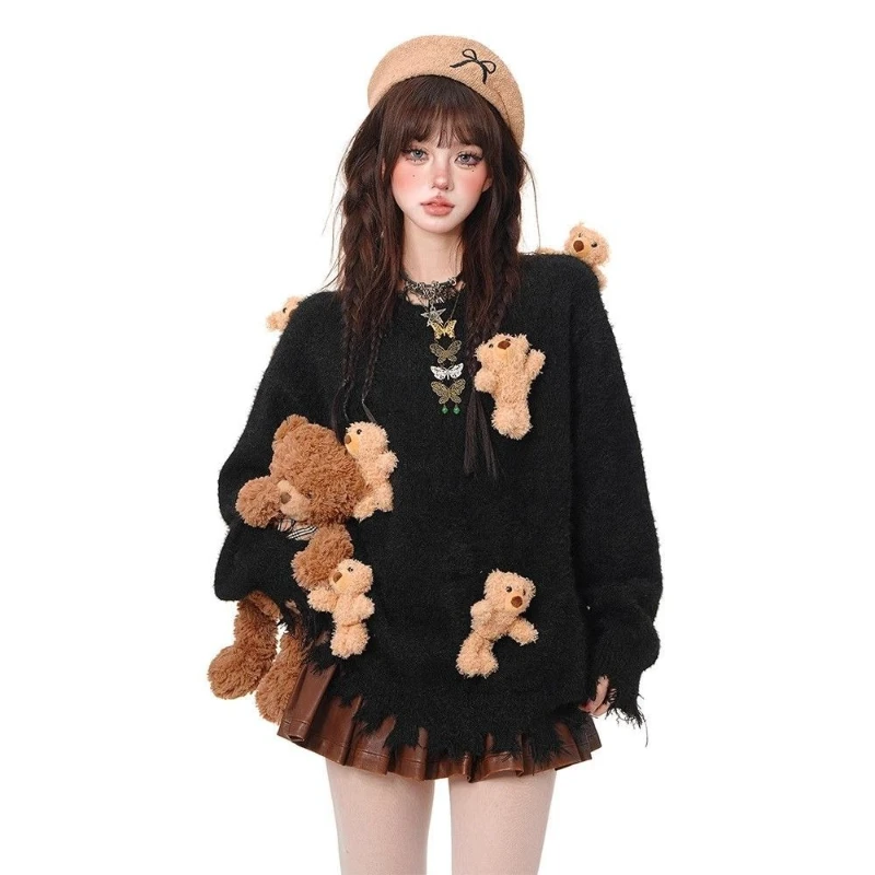 Suéter japonés Kawaii de manga larga para mujer, jersey informal Y2k de Color sólido con retales de osos dulces, jersey ajustado con cuello redondo para primavera y otoño
