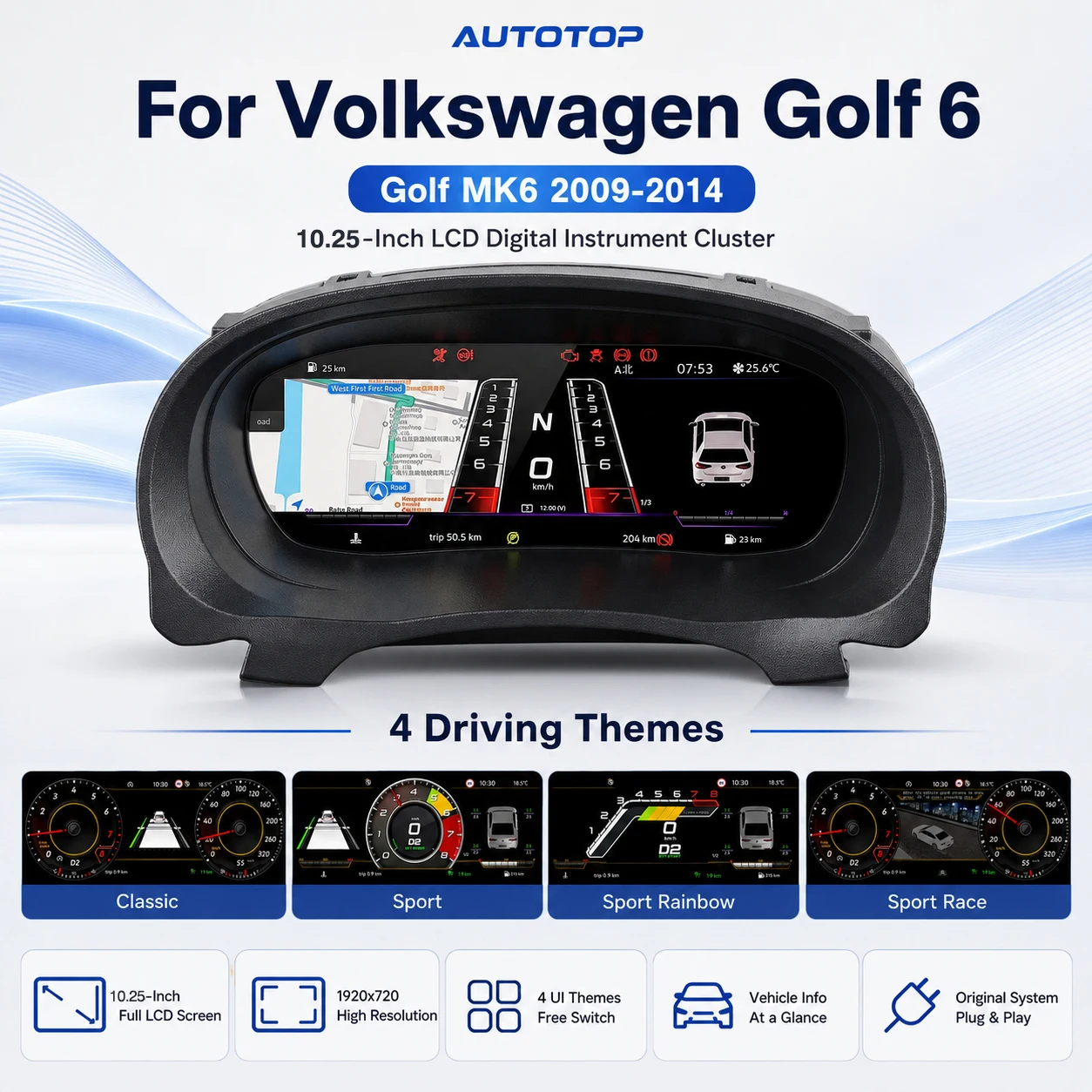AUTOTOP Panneau d'instrument numérique 10,25 pouces pour Volkswagen VW Golf 6 MK6 Sharan 2009-2019, CarPlay sans fil, Android Auto, AirPlay, AutoLink, cartes en ligne, musique, appels, maintien du système TPMS numérique d'origine, affichage HUD, affichage du rapport de vitesse, compteur de vitesse virtuel