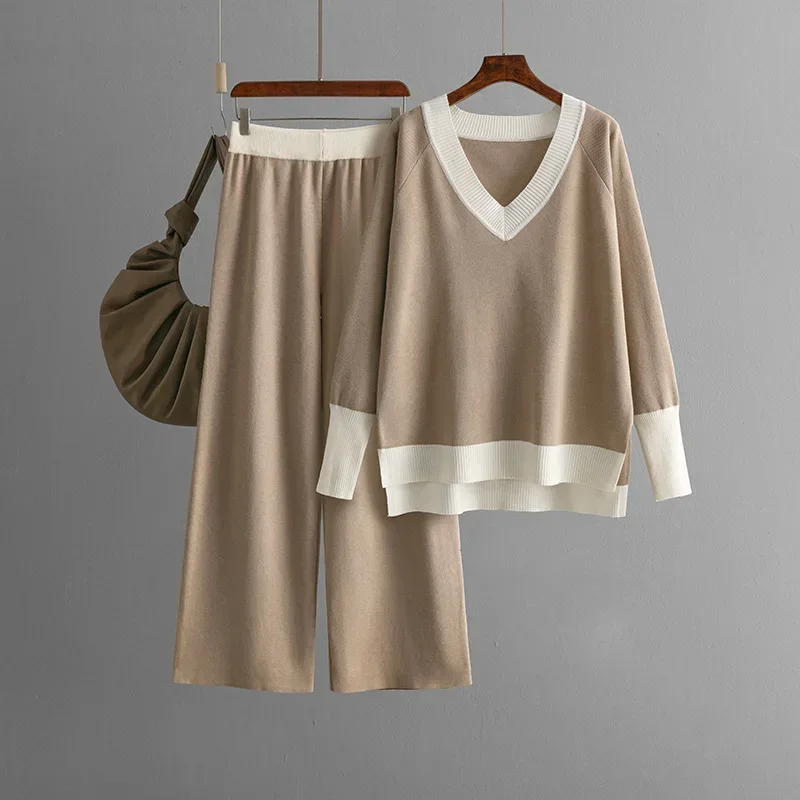 Casual set women's autumn and winter new item V-neck contrasting knitted sweater loose wide leg pants two-piece set