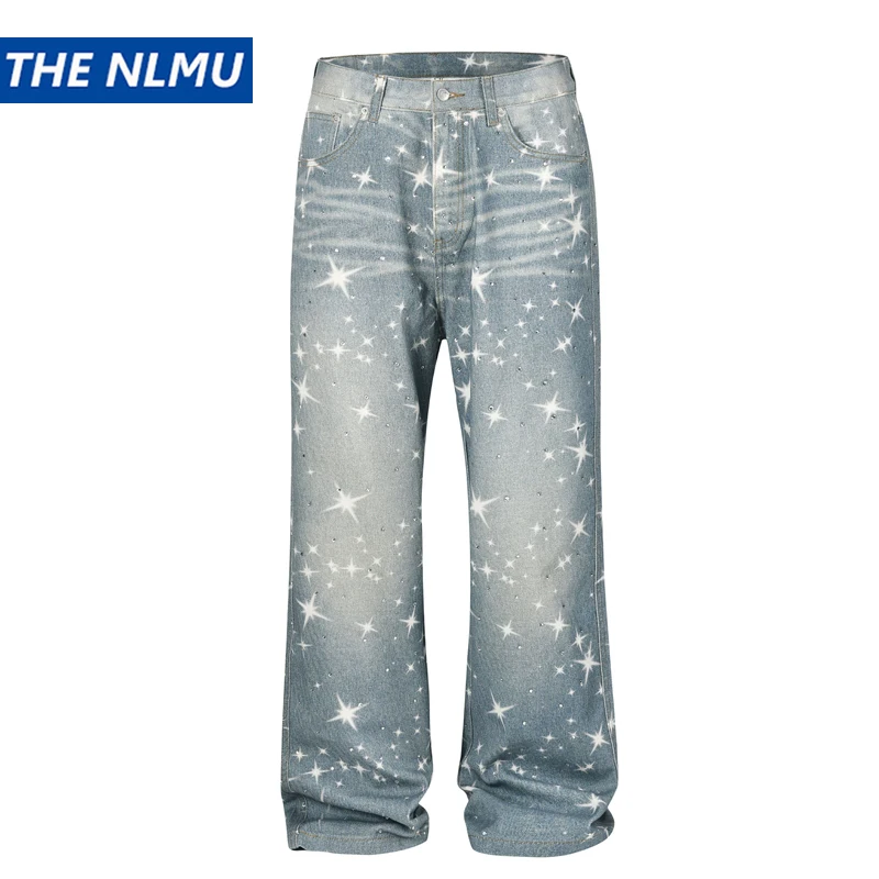 

2025 Rhinestone Baggy Jeans Mens High Street Loose Straight Denim Pants Streetwear Men Trousers