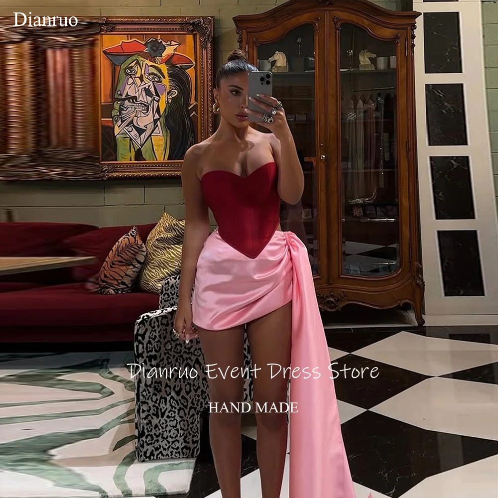 

Dianruo Draped Satin Prom Dresses Sleeveless Sweetheart Lace Up Back Homecoming Dresses Ruched Hem Mini Party Gowns Customized