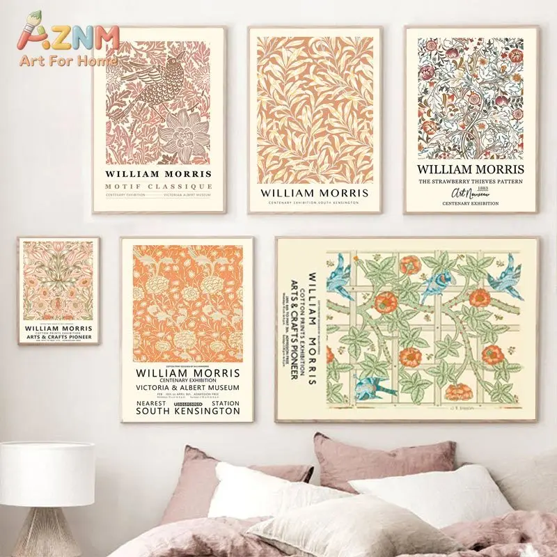 AZNM William Morris Vintage Floral Canvas Print Botanical Flower Museum Exhibition Neutral Aesthetic Living Room Wall Decor Unfr
