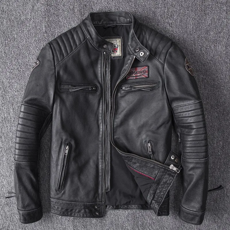 Leather men's stand-up collar short top layer pure cowhide motorcycle