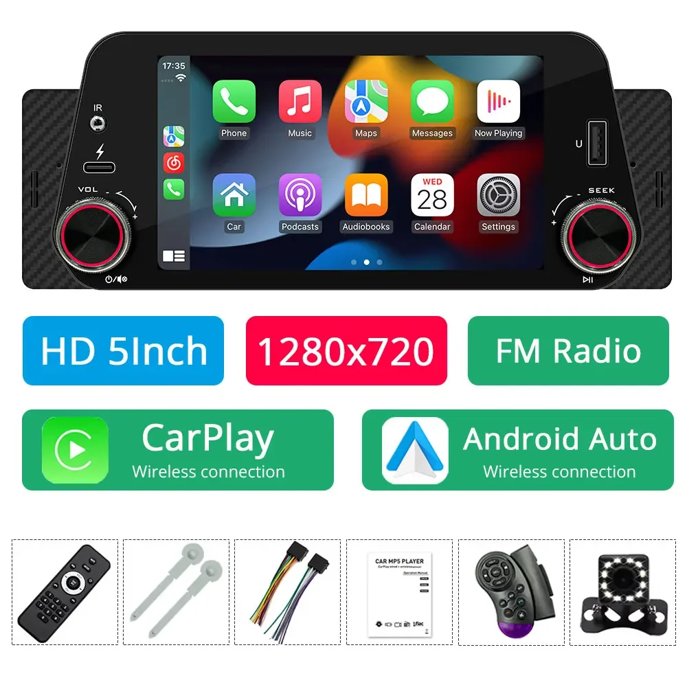 Draadloze Carplay Android Auto 5-Inch Autoradio Bluetooth 1Din Universele Multimedia MP5 Speler Touchscreen FM USB Spiegel Link