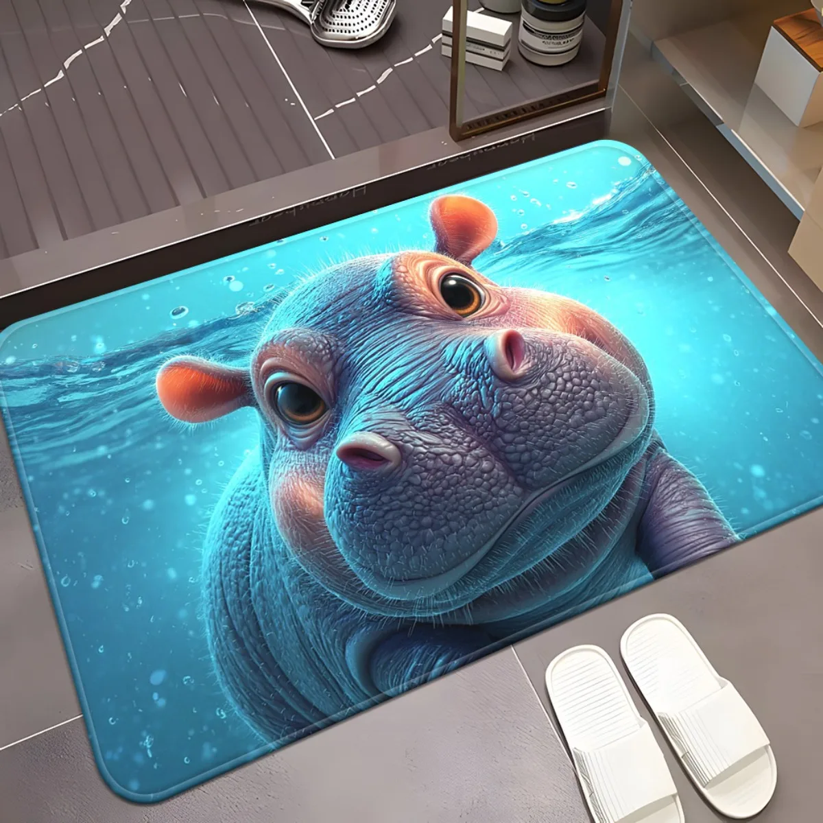 1pc Hippo Blue Water Door Mat - Cute Cartoon Hippo Design, 100% Polyester Microfiber Absorbent Machine Washable Mat for Bathro