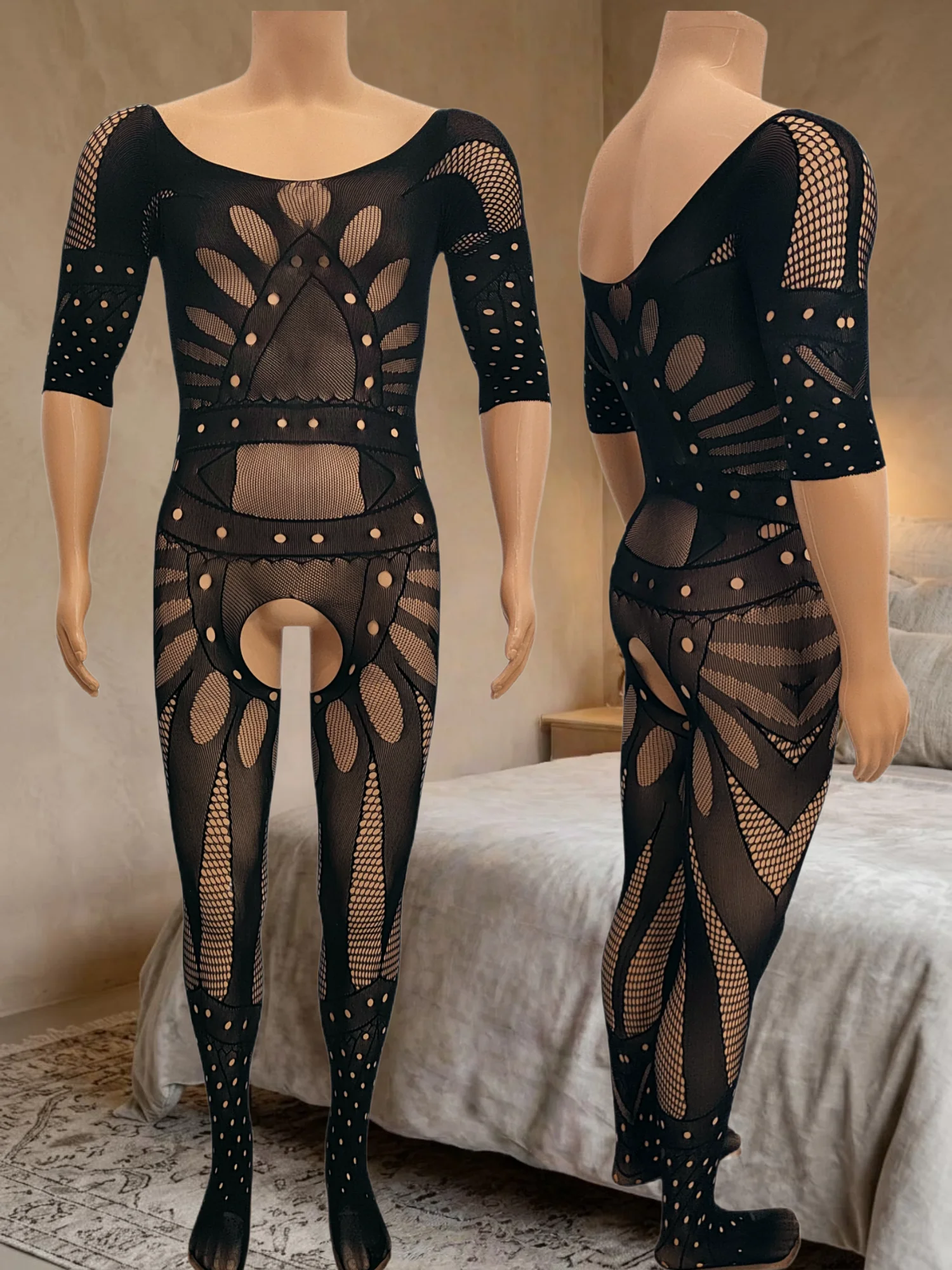 Sexy Hollow‑Out Halter See‑Through Knit Alluring Open‑Crotch Jacquard Bodysuit, Available in Sizes XS/S/M view 5