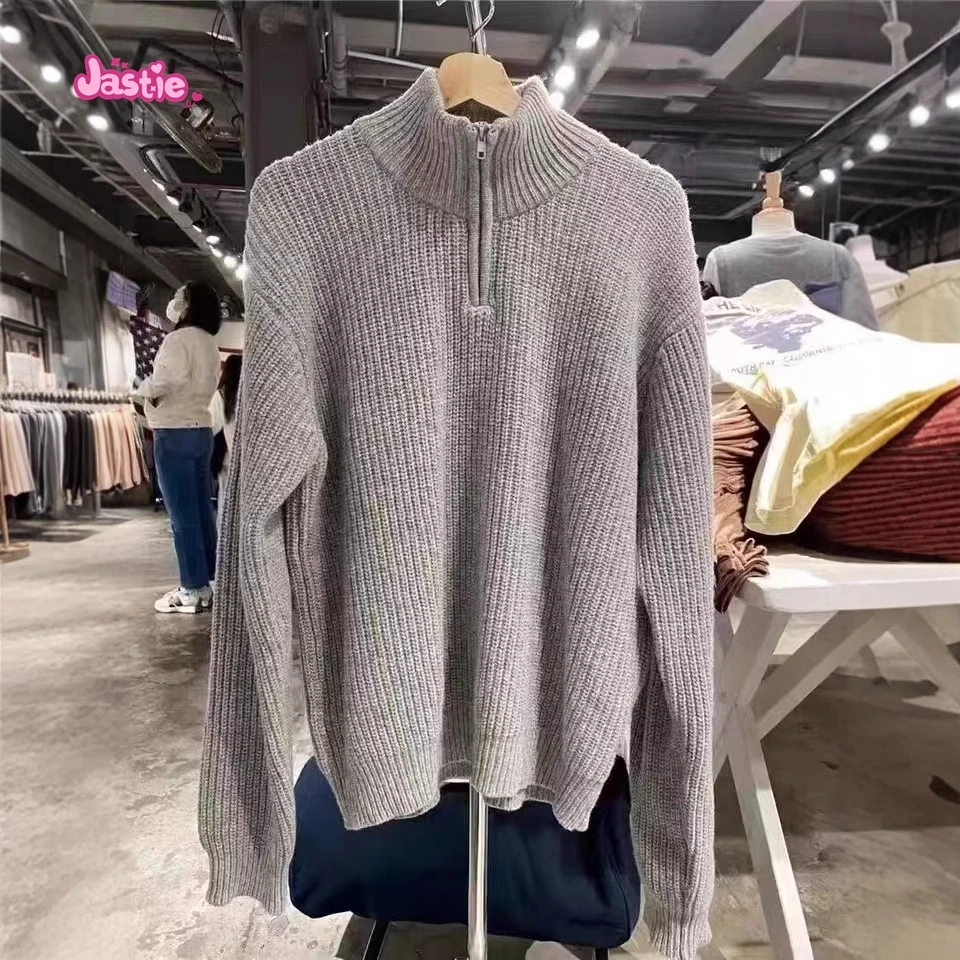 Half Zip High Neck Knitted Sweater Beige Solid Color Simple Pullover Top Stand Collar Y2K Streetwear Winter Women Sweaters