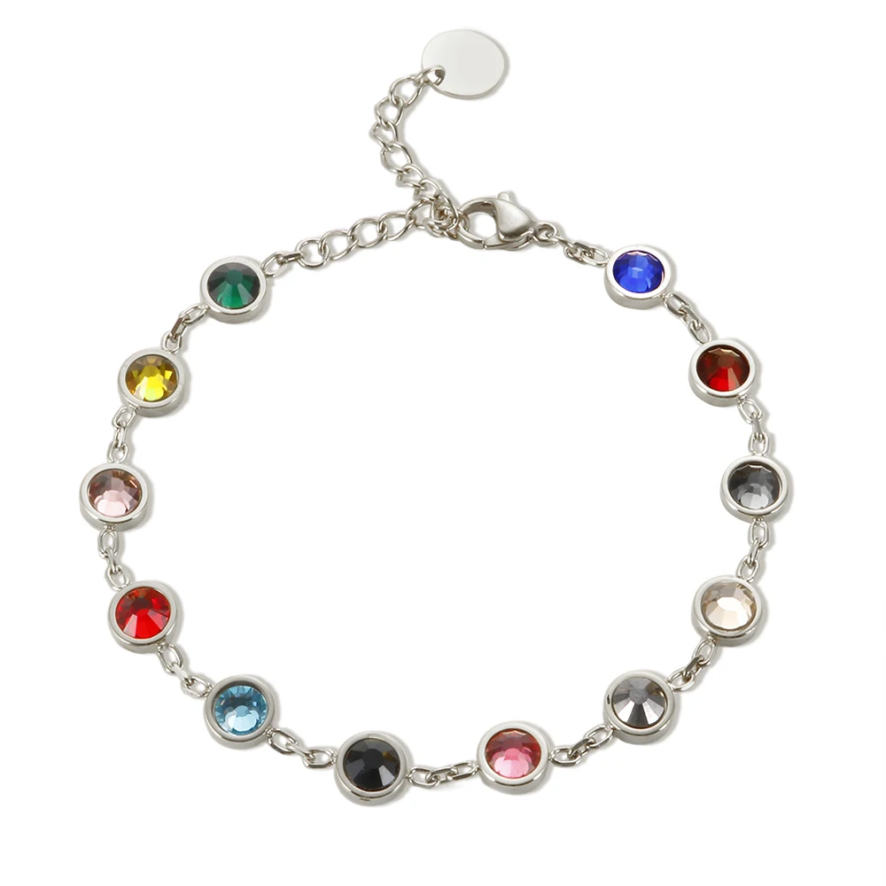 Colorful Bejeweled Bracelet Popularity T S Stainless Steel Bracelet for Women 12 Birthstones Rainbow Crystal Chain Jewelry