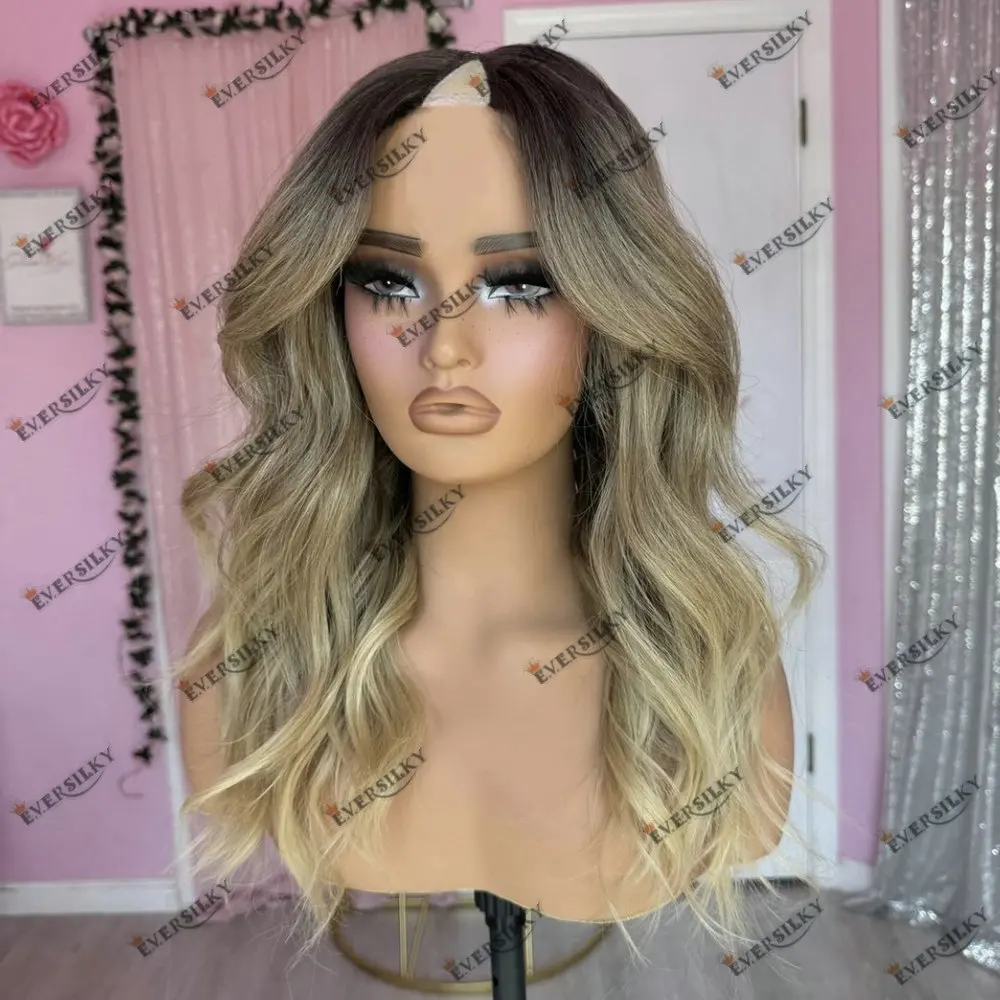 

Natural Curly V Part Wig Human Hair for Women Glueless Ombre Ash Blonde Easy Wear 1*4 size U Part Wig 100% Indian Remy Hair