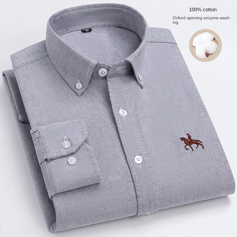 2024 Men Shirt Floral Long Sleeve Casual 100% Cotton Oxford Man Leisure Embroidered Horse Shirts Streetwear Oversized  Plus Size