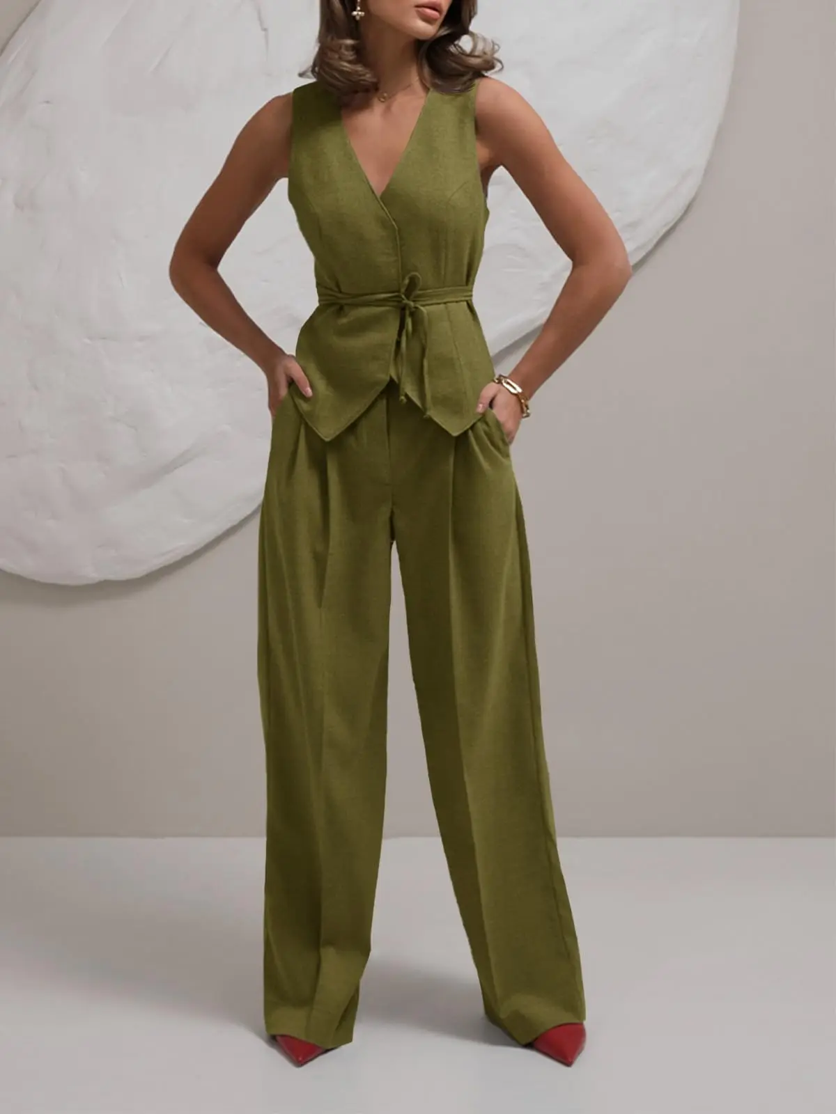 Allingentle Linen Women's 2 Piece Sleeveless Suit Vest and Wide Leg Pants Business Casual Office Outfit Customized